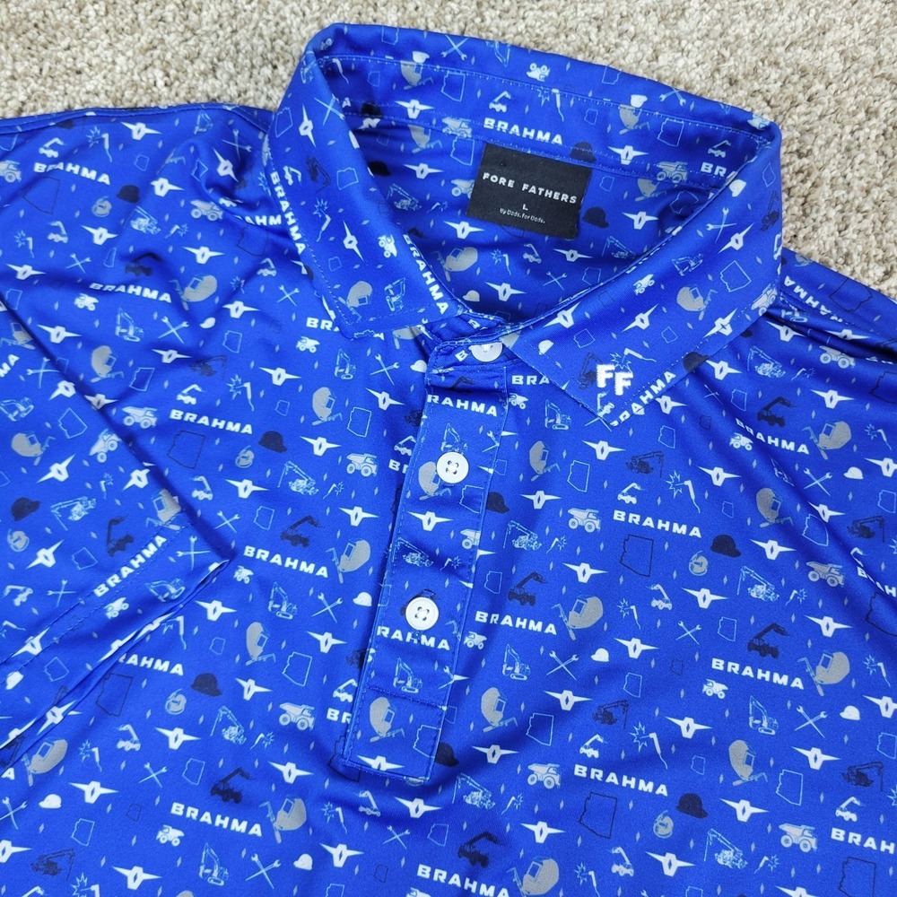 Fore Fathers Mens Large Blue AOP Brahama Performance Stretch Polo Short Sleeve